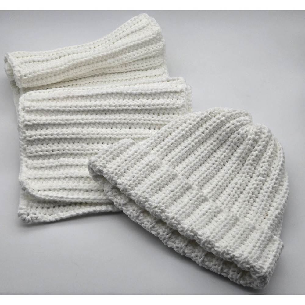 Handmade Crochet Winter White Beanie Scarf Set Bulky Heavy Yarn Warm